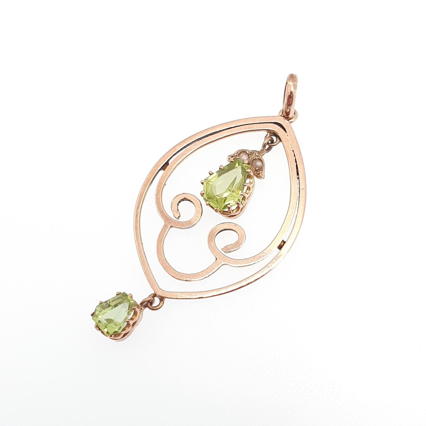 Antique 9k 9ct Gold Peridot Olivine Necklace Pendant Art Nouveau Edwardian Seed Pearl Openwork Solid 375 Elegant Womens Jewelry Jewellery