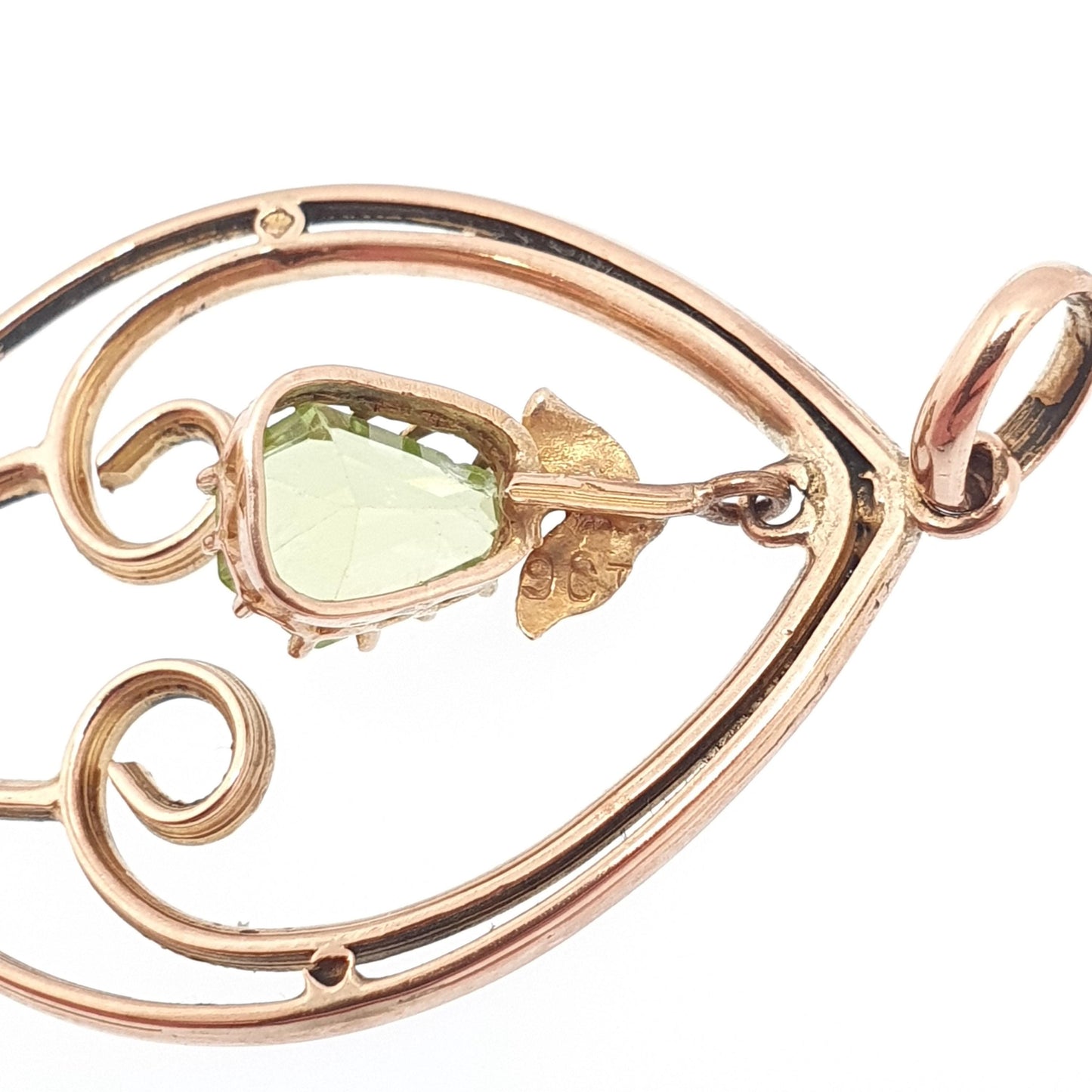 Antique 9k 9ct Gold Peridot Olivine Necklace Pendant Art Nouveau Edwardian Seed Pearl Openwork Solid 375 Elegant Womens Jewelry Jewellery