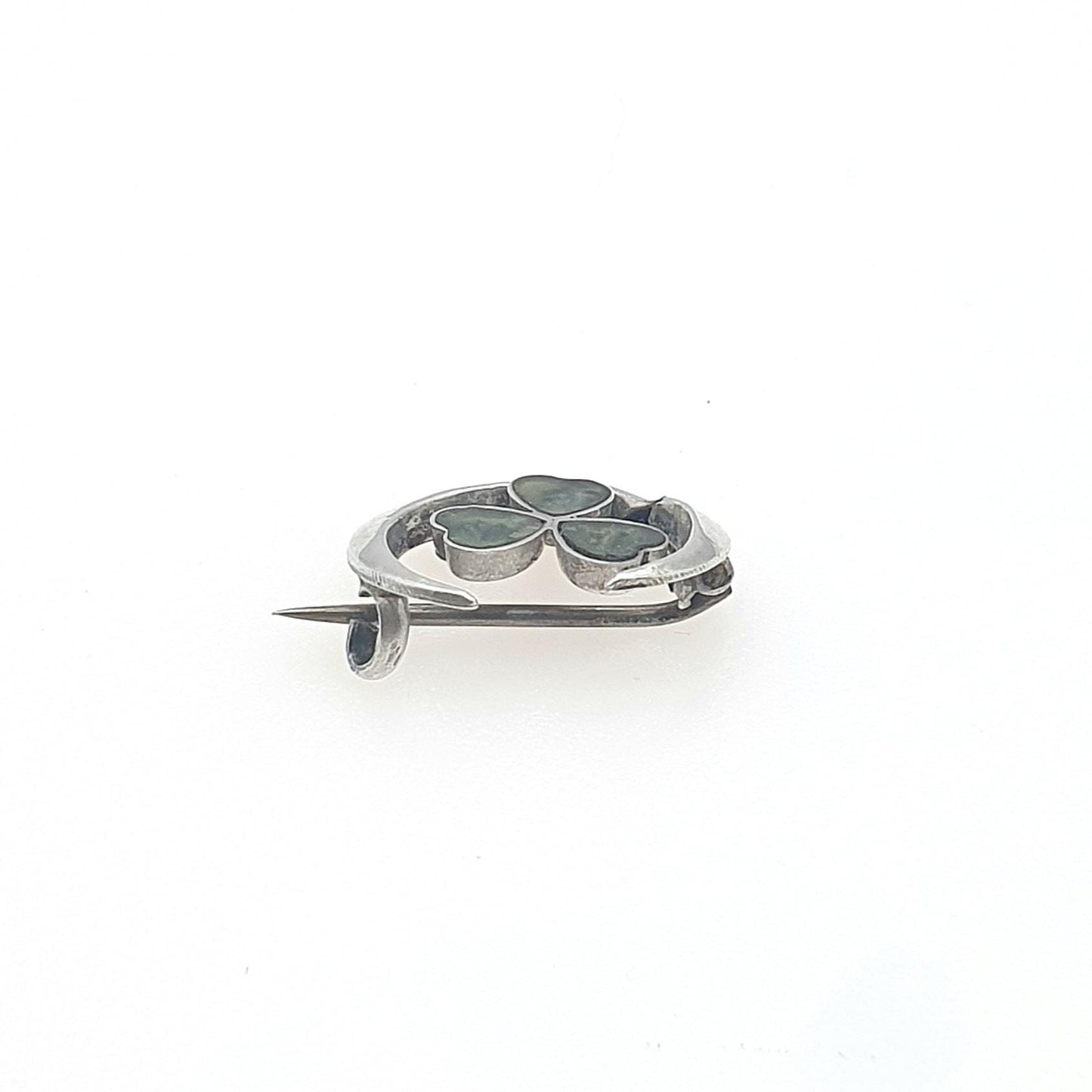 Antique Sterling Silver Connemara Marble Clover Crescent Moon Brooch Womens Jewellery Irish Pin Celtic Lucky Jewelry