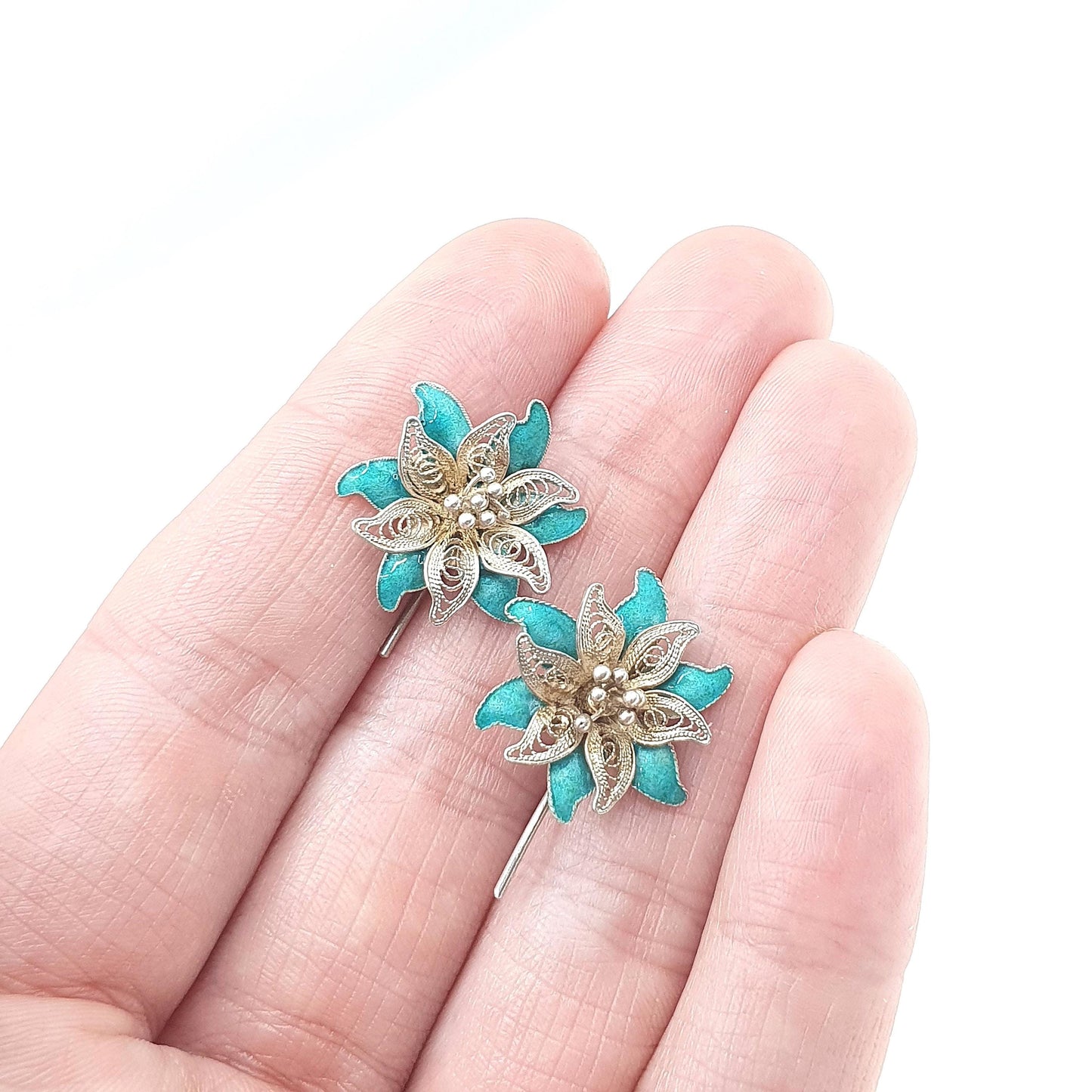 Vintage Sterling Silver Enamel Filigree Flower Hook Earrings Womens Vintage Green Blue Jewelry Jewellery