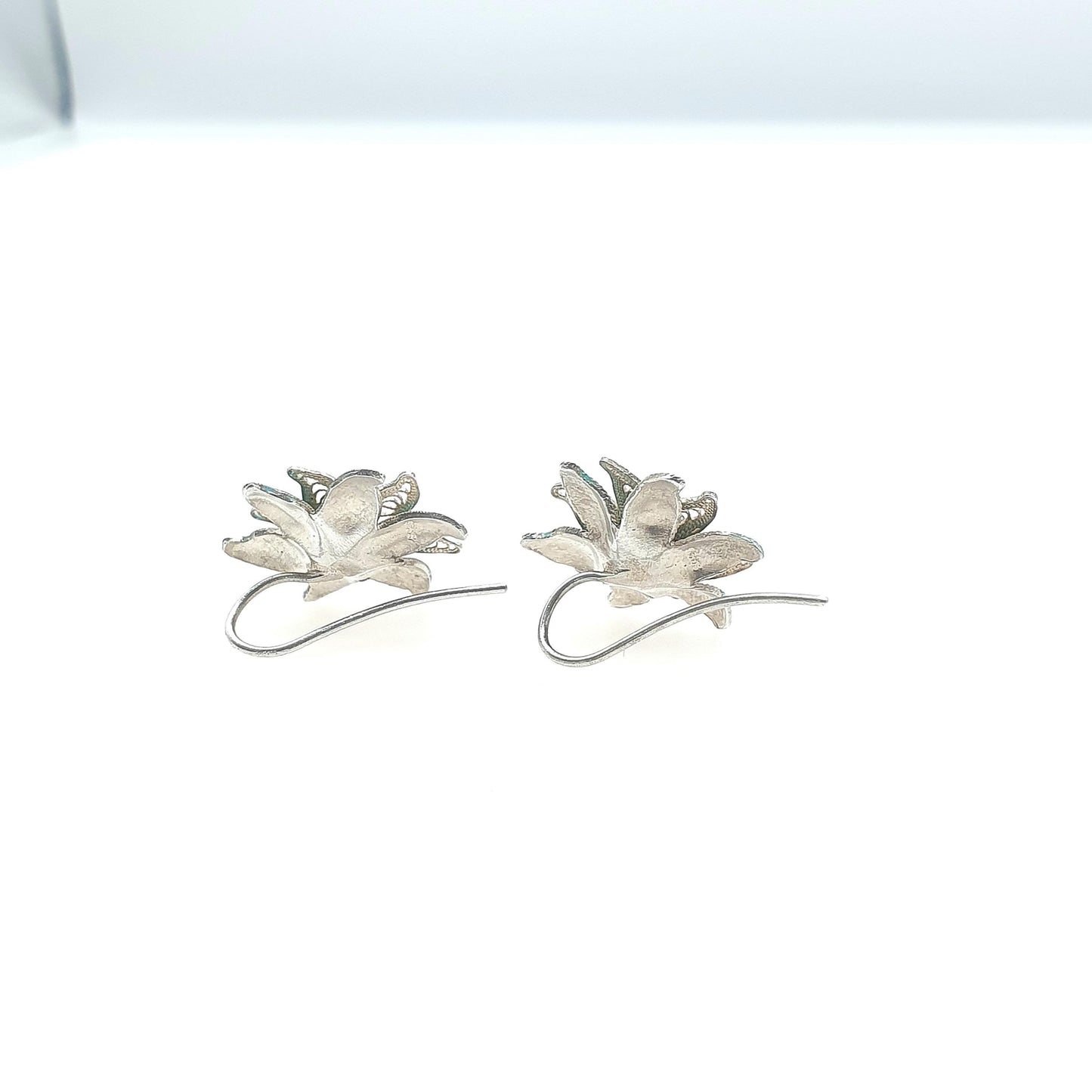 Vintage Sterling Silver Enamel Filigree Flower Hook Earrings Womens Vintage Green Blue Jewelry Jewellery