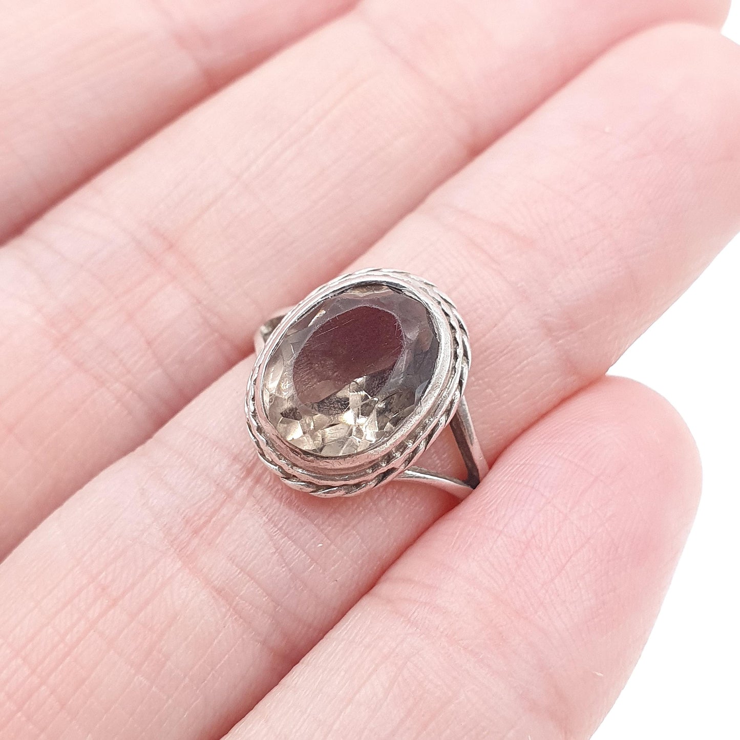 Vintage Sterling Silver Smoky Quartz Ring Small Size Pinky Pinkie Oval Cut Gemstone Womens Jewelry Jewellery