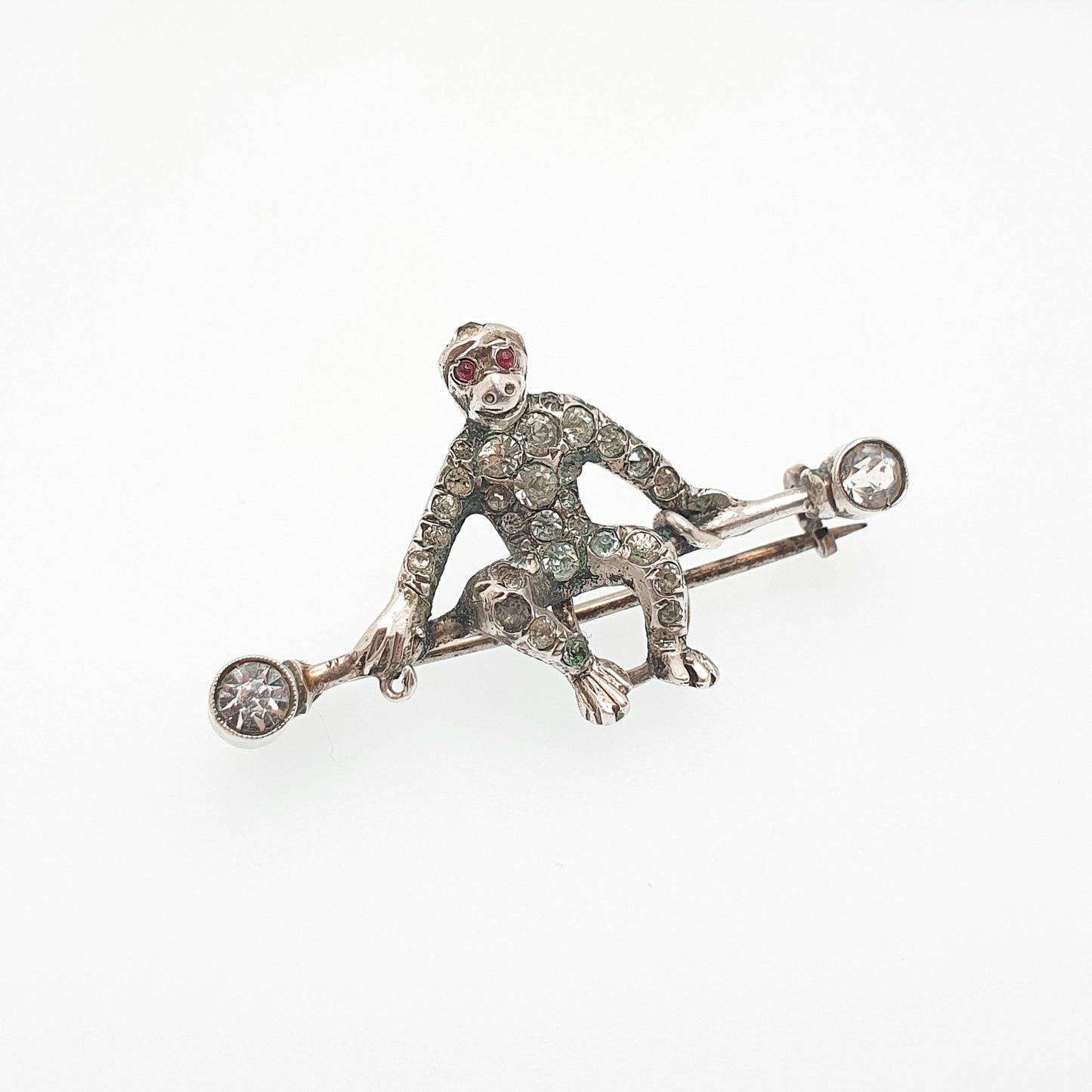 Antique Solid Silver Monkey Brooch Diamond Paste Victorian Ruby Paste Eyes Chimp Ape Vintage Womens Jewelry Jewellery