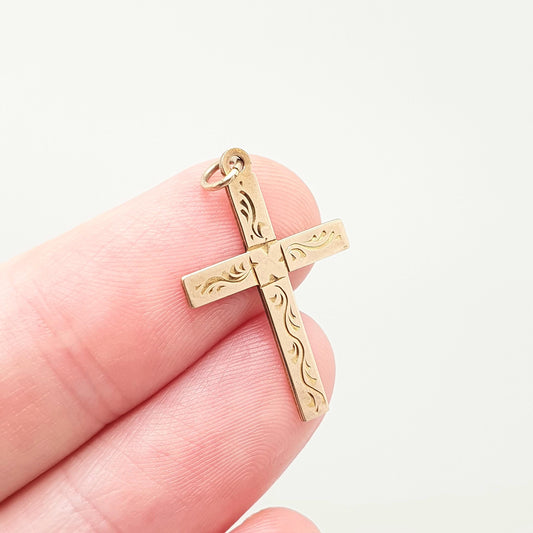 Antique 9ct 9k Gold Crucifix Necklace Cross Pendant Engraved Solid 375 9kt Vintage Womens Mens Jewellery Jewelry