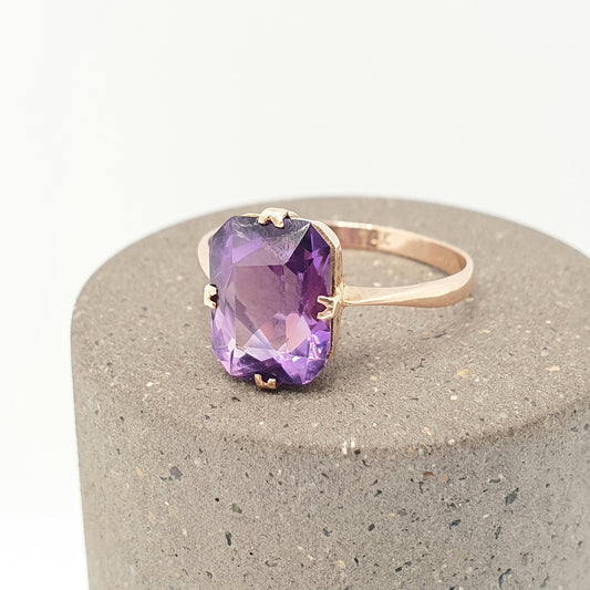 Antique 9ct 9k Gold Amethyst Ring Art Deco Rectangular Cut Solitaire Solid 375 9kt Genuine Gemstone Vintage Womens Jewelry Jewellery