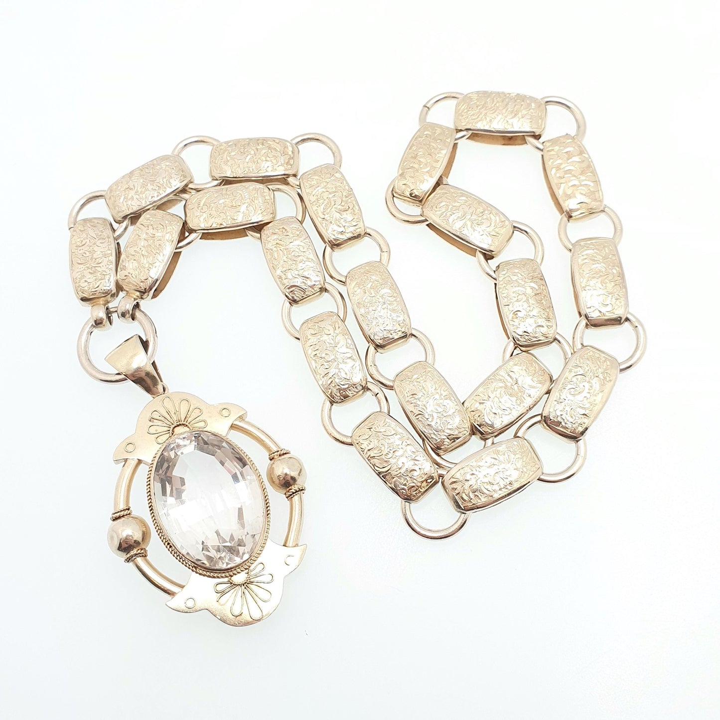 Antique Victorian Solid Silver Bookchain Rock Crystal Necklace Collar Book Chain Quartz Pendant Gold Vermeil Vintage Jewelry Jewellery
