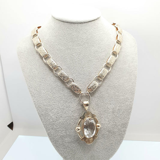 Antique Victorian Solid Silver Bookchain Rock Crystal Necklace Collar Book Chain Quartz Pendant Gold Vermeil Vintage Jewelry Jewellery