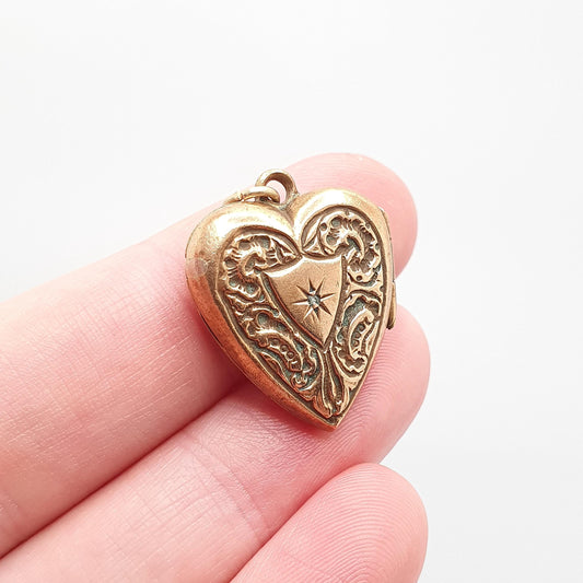 Antique Gold Filled Diamond Heart Locket Necklace Victorian Rolled Gold Genuine Gemstone Pendant Vintage Jewellery Jewelry