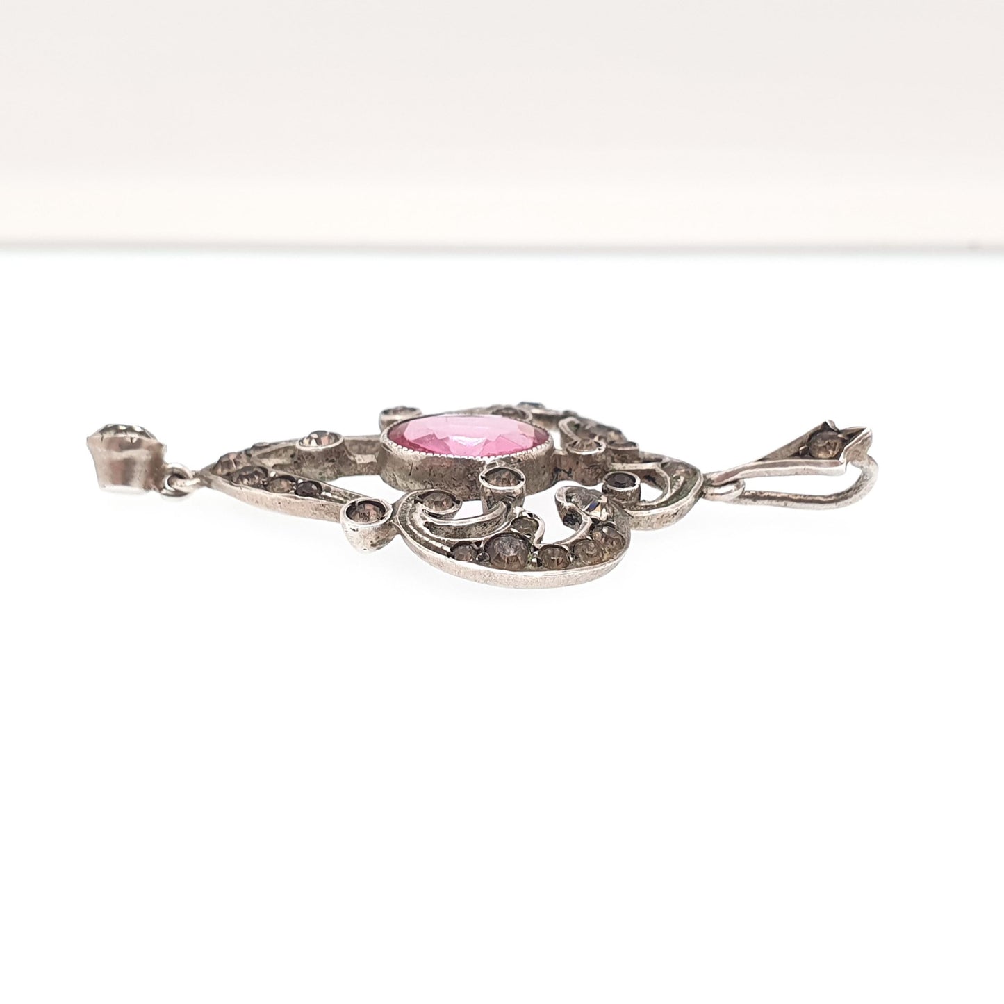 Antique Solid Silver Pink & Diamond Paste Pendant Necklace Victorian Art Nouveau 1800s Sparkly Vintage Womens Jewellery Jewelry