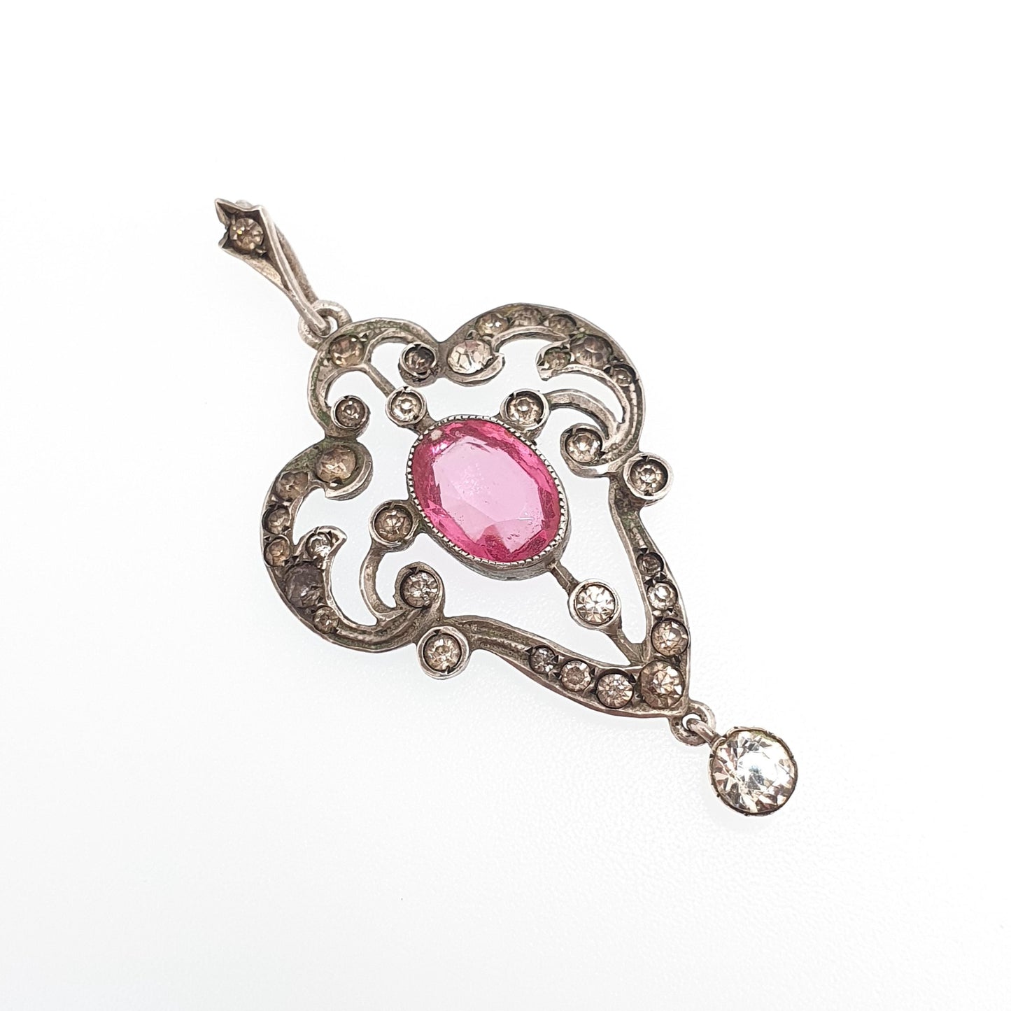 Antique Solid Silver Pink & Diamond Paste Pendant Necklace Victorian Art Nouveau 1800s Sparkly Vintage Womens Jewellery Jewelry