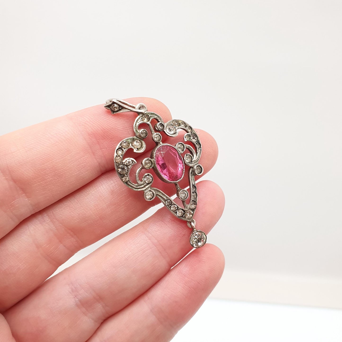 Antique Solid Silver Pink & Diamond Paste Pendant Necklace Victorian Art Nouveau 1800s Sparkly Vintage Womens Jewellery Jewelry