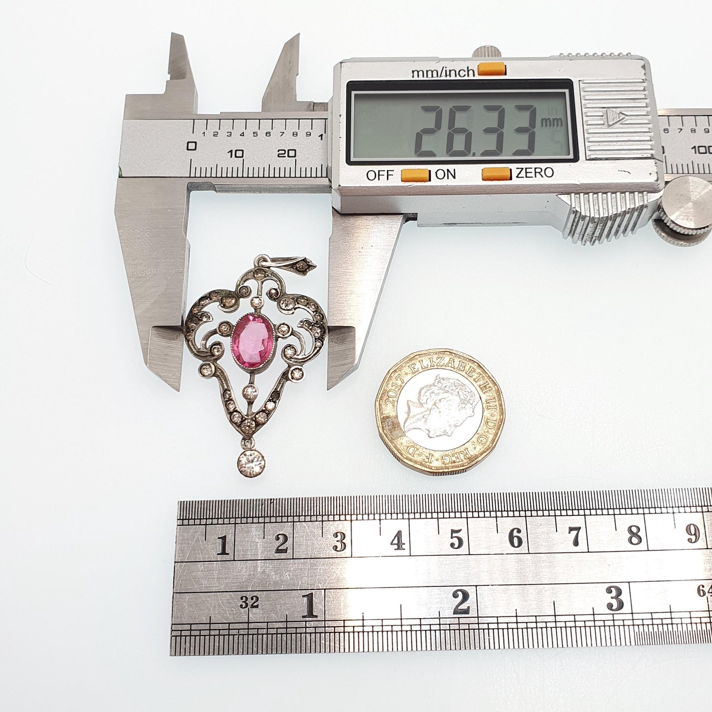Antique Solid Silver Pink & Diamond Paste Pendant Necklace Victorian Art Nouveau 1800s Sparkly Vintage Womens Jewellery Jewelry