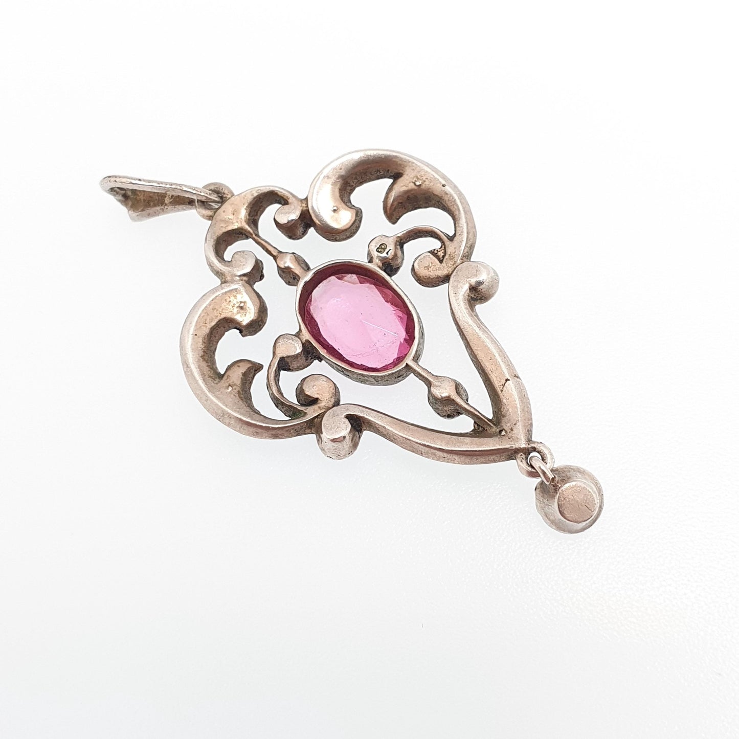 Antique Solid Silver Pink & Diamond Paste Pendant Necklace Victorian Art Nouveau 1800s Sparkly Vintage Womens Jewellery Jewelry