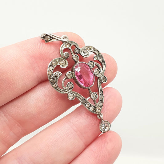 Antique Solid Silver Pink & Diamond Paste Pendant Necklace Victorian Art Nouveau 1800s Sparkly Vintage Womens Jewellery Jewelry
