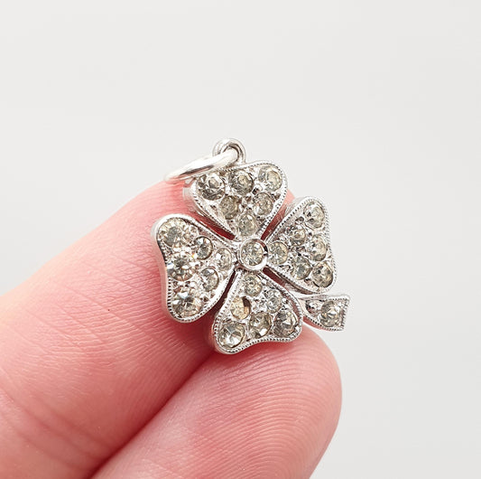 Antique Sterling Silver Diamond Paste Clover Pendant Charm Necklace Lucky Irish Art Deco Vintage Womens Jewellery Jewelry
