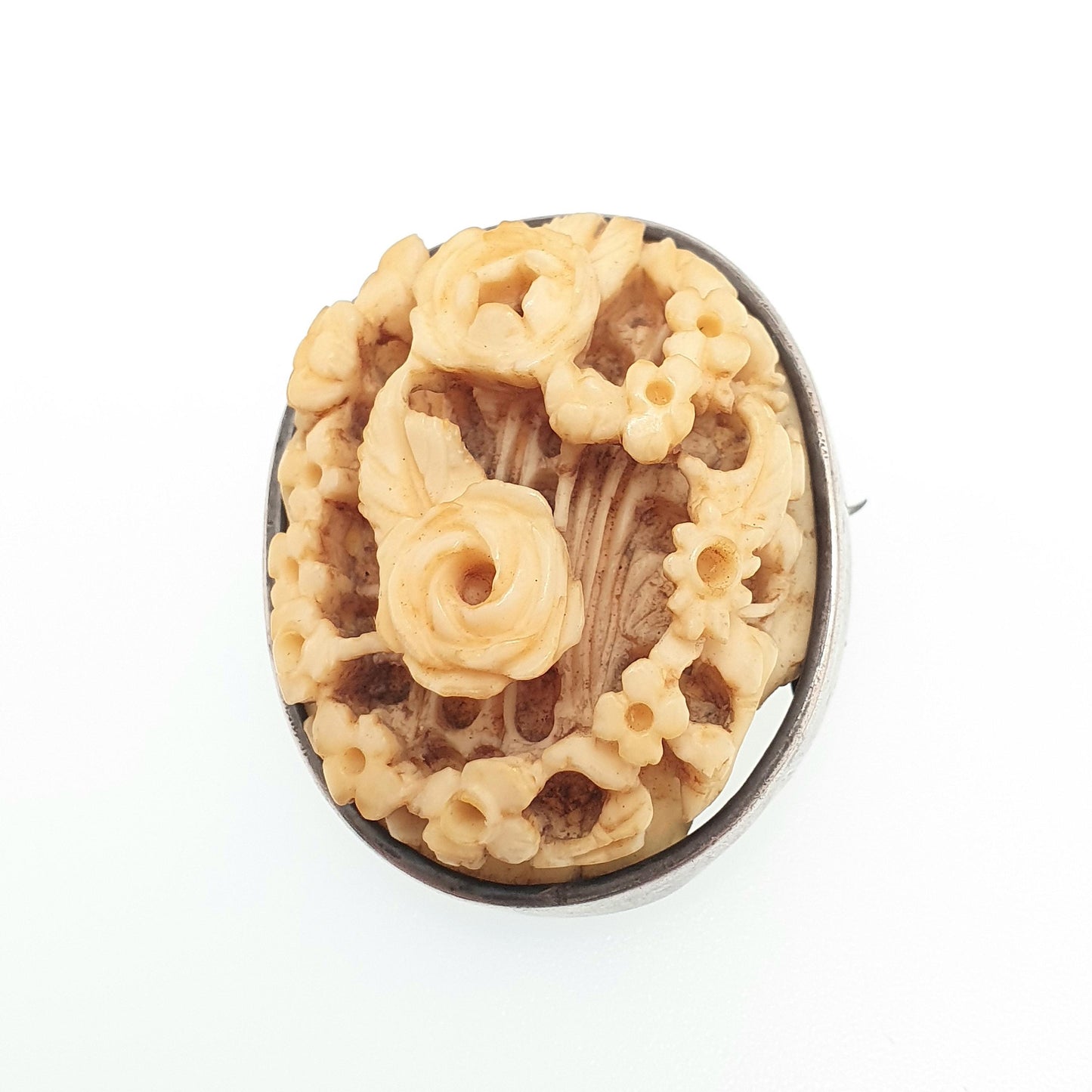 Antique Chinese Bone Cameo Solid Silver Brooch Victorian Ox Bone Hand Carved Flower High Relief Womens Jewelry Jewellery