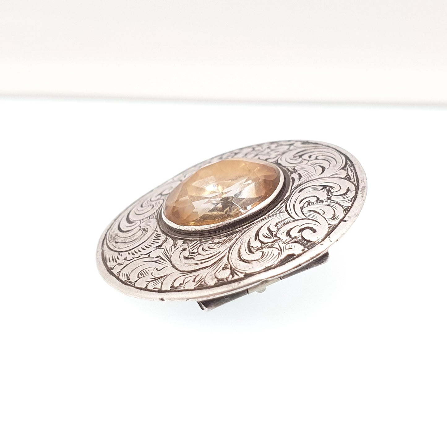 Antique Victorian Solid Silver Citrine Brooch Genuine Gemstone Etruscan Leaf Border Oval Cut Quartz Pin Vintage Womens Jewelry Jewellery