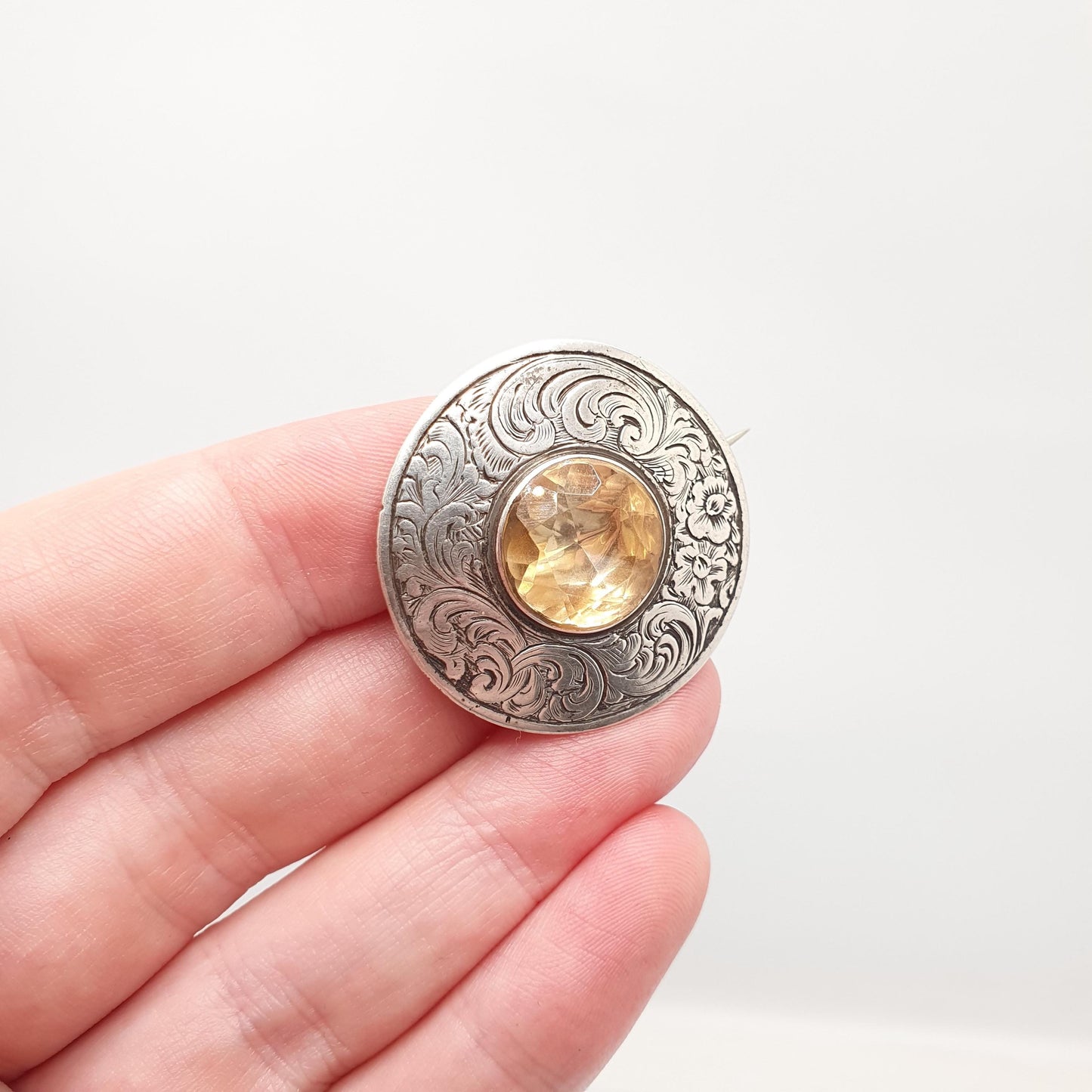 Antique Victorian Solid Silver Citrine Brooch Genuine Gemstone Etruscan Leaf Border Oval Cut Quartz Pin Vintage Womens Jewelry Jewellery