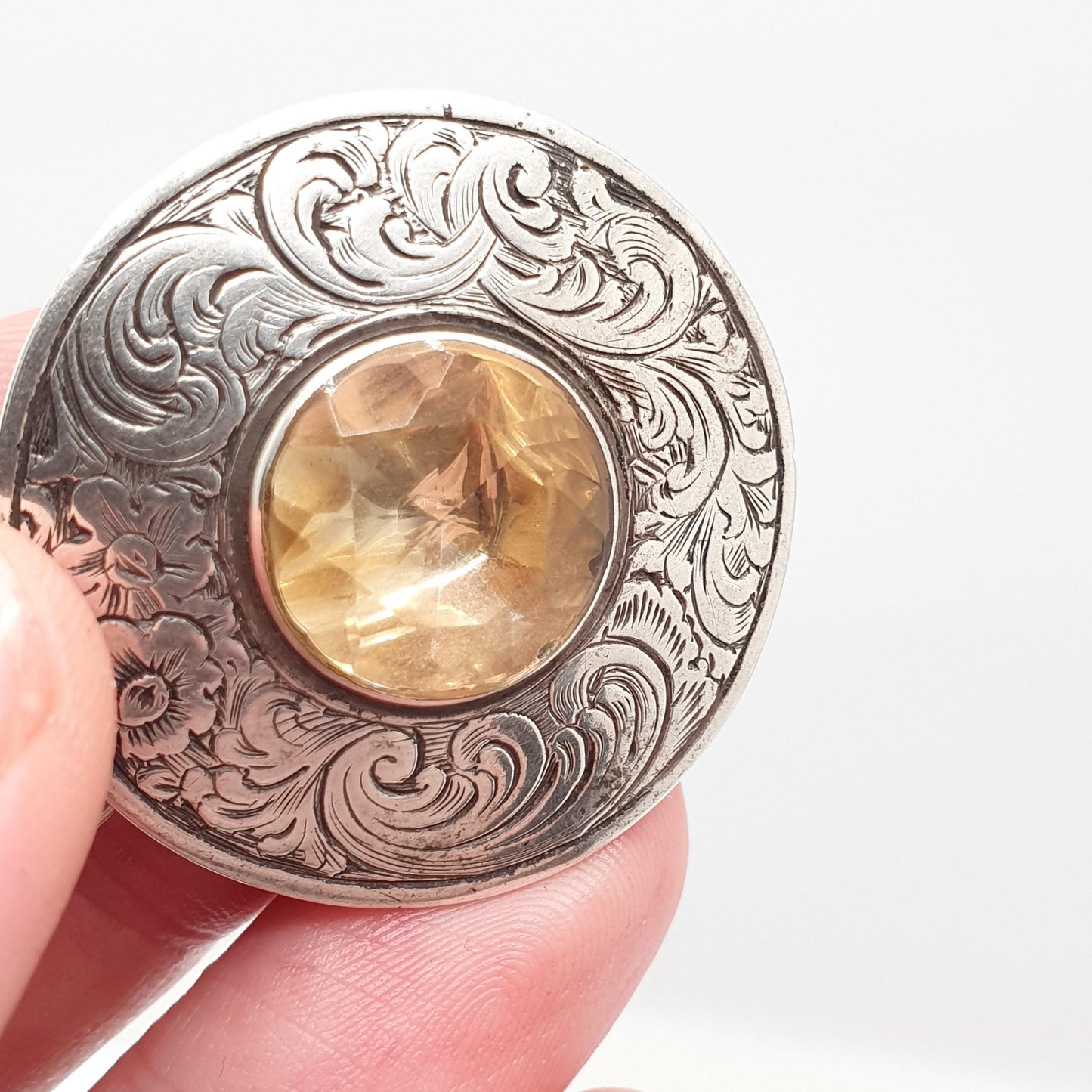 Antique Victorian Solid Silver Citrine Brooch Genuine Gemstone Etruscan Leaf Border Oval Cut Quartz Pin Vintage Womens Jewelry Jewellery