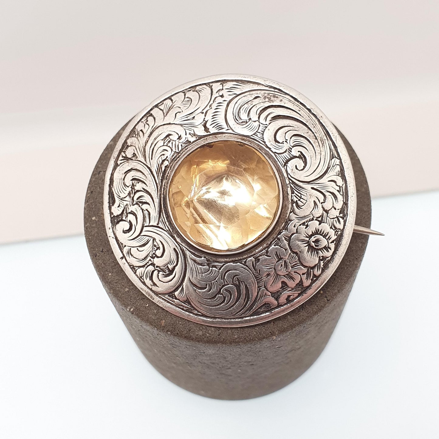 Antique Victorian Solid Silver Citrine Brooch Genuine Gemstone Etruscan Leaf Border Oval Cut Quartz Pin Vintage Womens Jewelry Jewellery