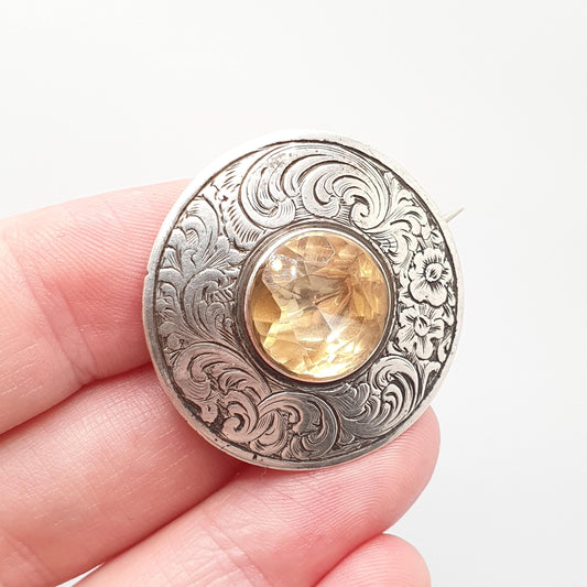 Antique Victorian Solid Silver Citrine Brooch Genuine Gemstone Etruscan Leaf Border Oval Cut Quartz Pin Vintage Womens Jewelry Jewellery