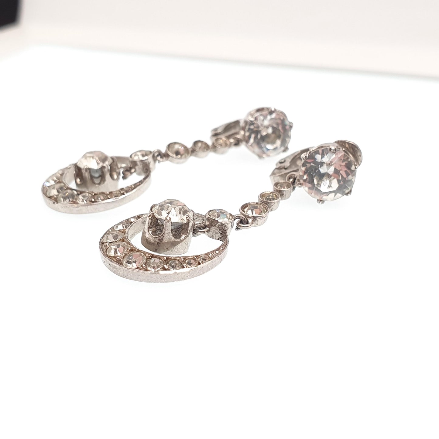 Antique Solid Silver Diamond Paste Earrings Crescent Moon Art Deco Pendulum Chandelier French 1920s Vintage Jewelry Jewellery