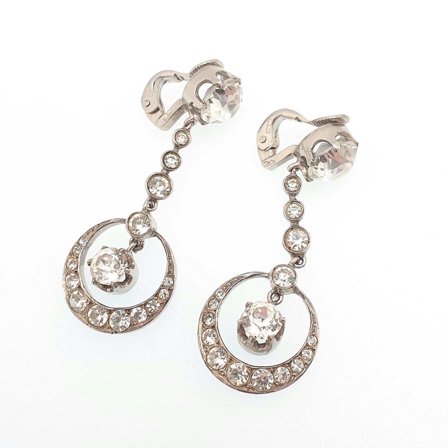 Antique Solid Silver Diamond Paste Earrings Crescent Moon Art Deco Pendulum Chandelier French 1920s Vintage Jewelry Jewellery