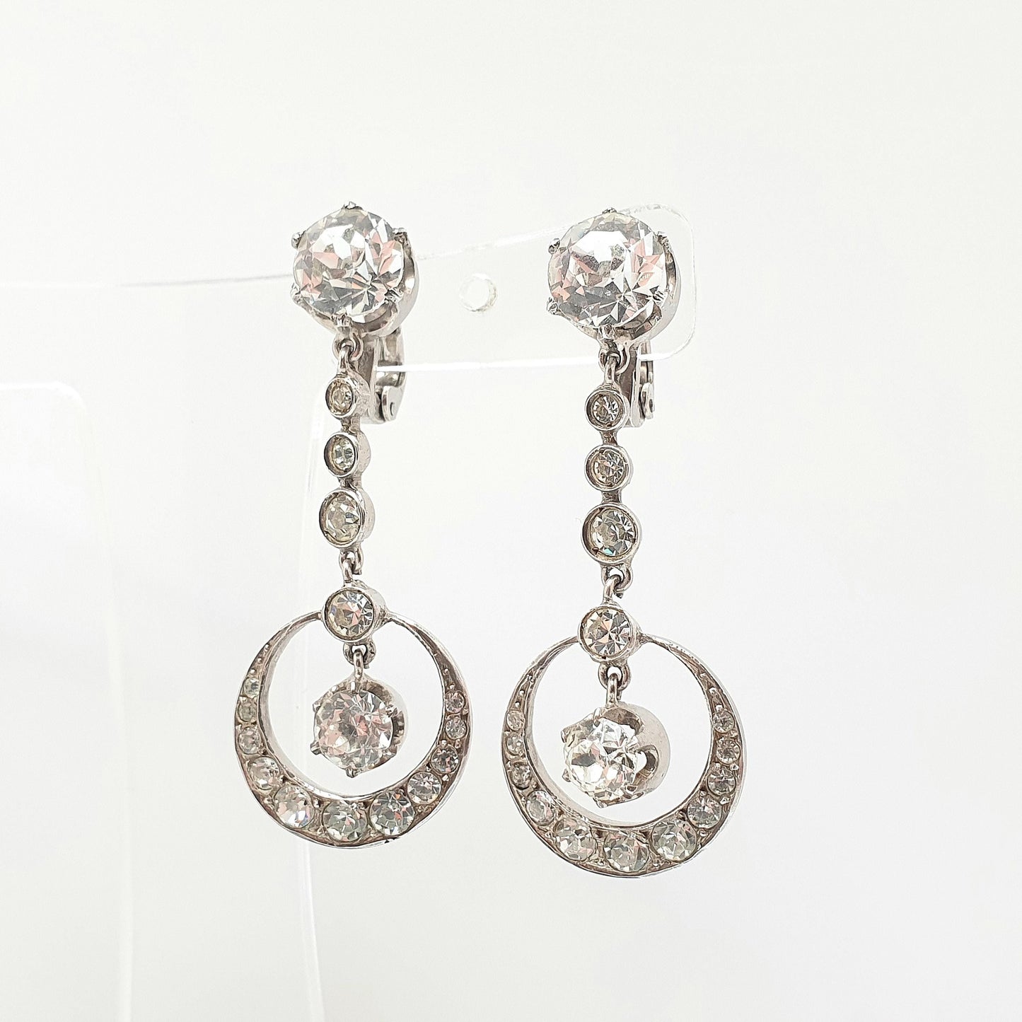Antique Solid Silver Diamond Paste Earrings Crescent Moon Art Deco Pendulum Chandelier French 1920s Vintage Jewelry Jewellery