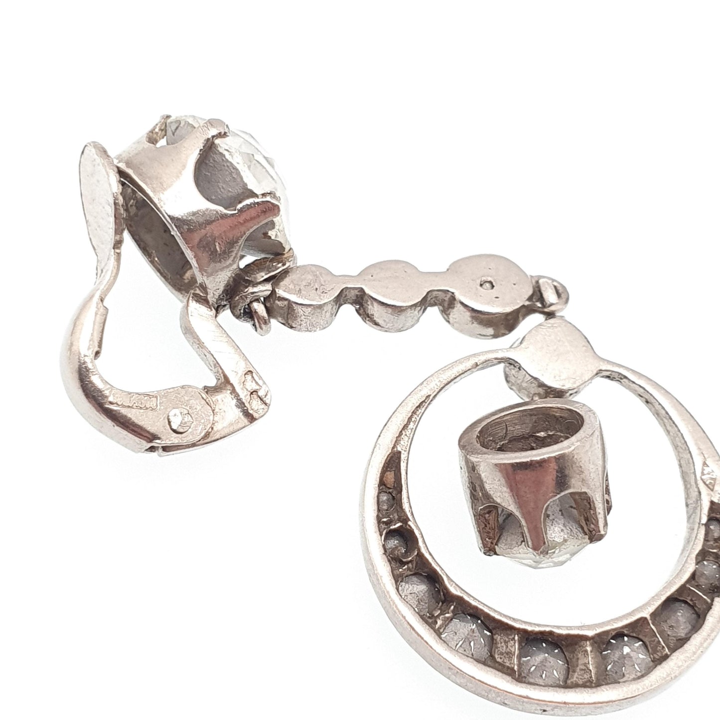 Antique Solid Silver Diamond Paste Earrings Crescent Moon Art Deco Pendulum Chandelier French 1920s Vintage Jewelry Jewellery