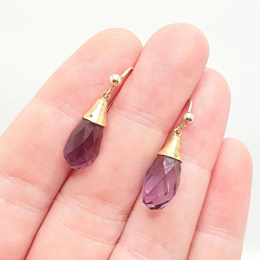 Antique 14k 14kt Gold Amethyst Hook Earrings Art Deco Natural Gemstone Faceted Pear Vintage 9ct Gold Hooks Jewelry