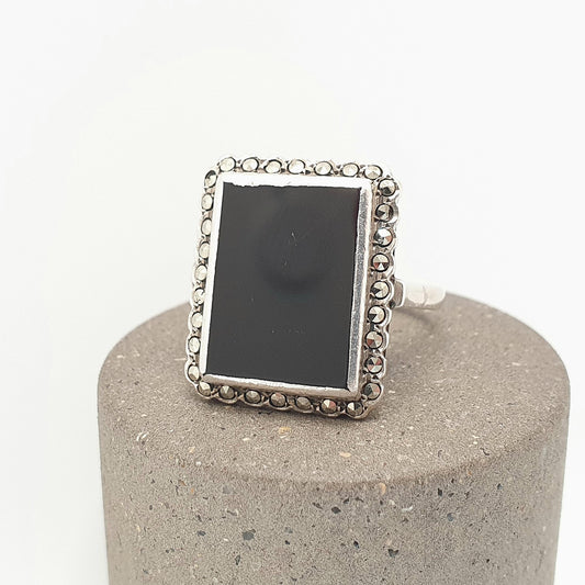 Antique Solid Silver Onyx Ring Art Deco Large Cocktail Statement Marcasite Rectangular Vintage 1920s Black Gemstone Women Jewelry Jewellery