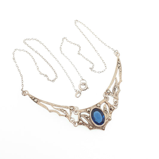 Antique Art Deco Solid Silver Sapphire Paste Necklace Marcasite 40cm 5.14g Art Deco Vintage Womens Jewelry Jewellery