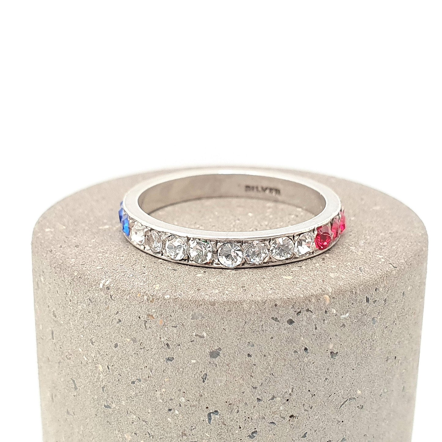 Antique Art Deco Red White & Blue Paste Solid Silver Eternity Ring Great Britain United States Colours 1920s Vintage
