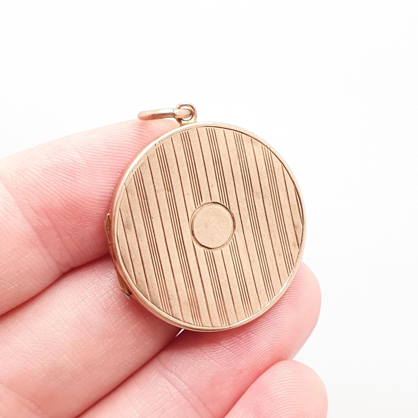 Antique Solid 9k 375 Rose Gold Locket Round 1913 Hallmark Vertical Pattern All 9ct 9kt Gold Necklace Photo Picture Pendant Jewelry Jewellery