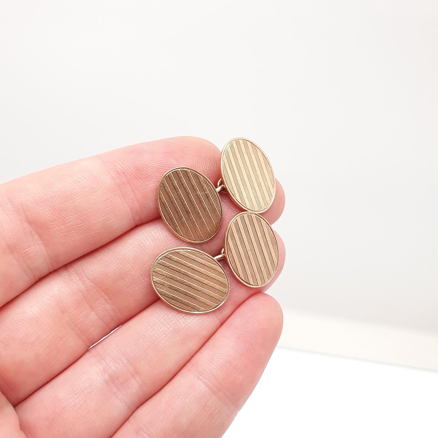 Antique 9ct Rose Gold Oval Cufflinks Art Deco Chain Link Vertical Pattern 1920 Hallmark Solid 9k 9kt Heavy Gents Mens Vintage Jewelry