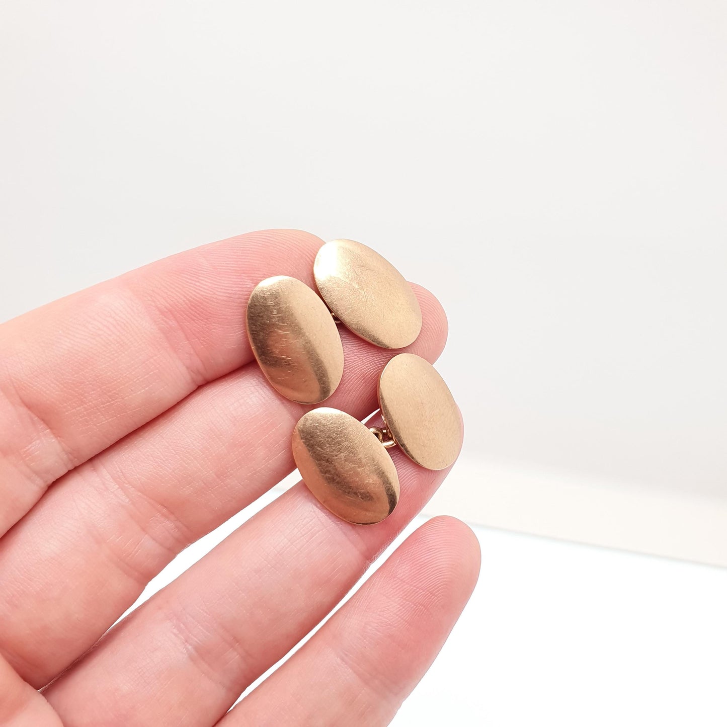 Antique 9ct Rose Gold Oval Cufflinks Plain Smooth Chain Link Edwardian 1909 Hallmark Solid 9k 9kt Heavy Gents Mens Vintage Jewelry