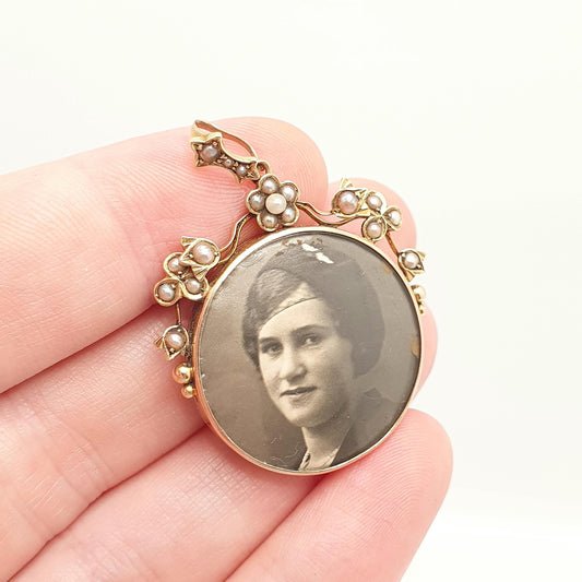 Antique 15ct Gold Seed Pearl Locket Pendant Necklace Art Nouveau Solid 625 15 Carat Edwardian Double Sided Vintage Jewelry Jewellery