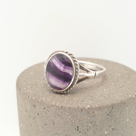 Vintage Blue John Sterling Silver Ring Signet Cabochon Oval Fluorite Bleu Jaune Womens Ladies Retro Oval Rare Gemstone Jewelry Jewellery