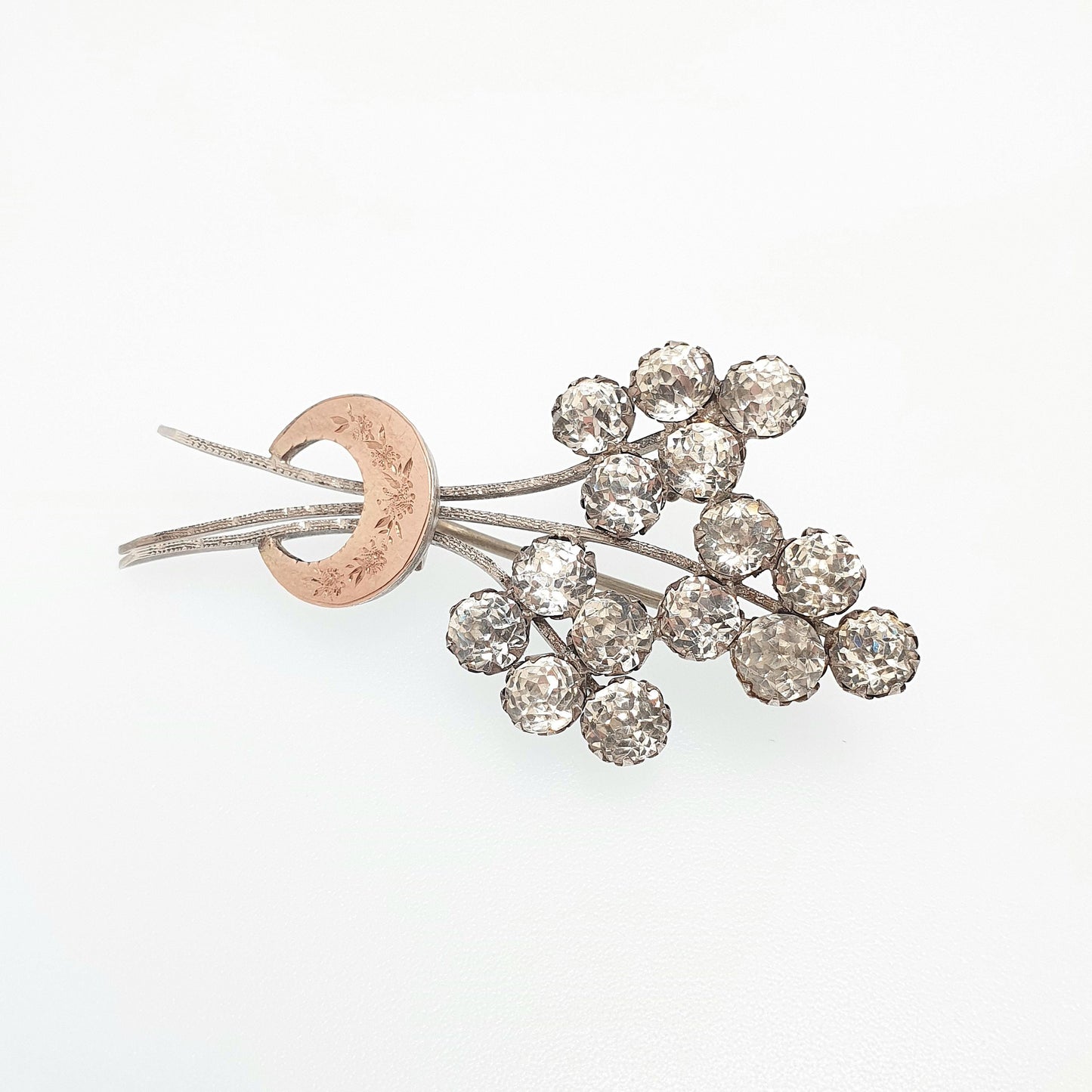 Antique Victorian Solid Silver Diamond Paste Brooch Crescent Moon Rose Gold Highlight Floral Spray Sparkly Vintage Jewelry Jewellery