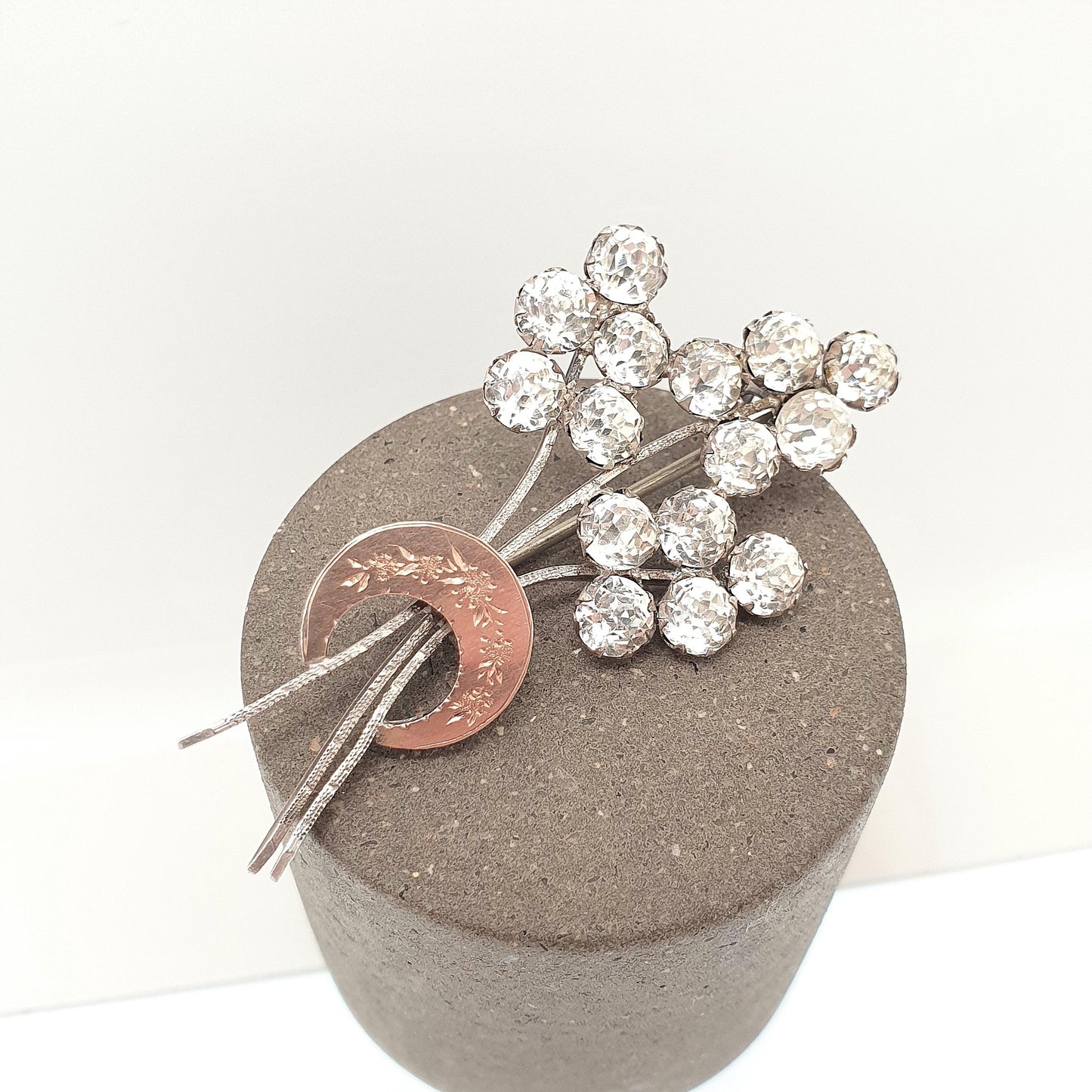 Antique Victorian Solid Silver Diamond Paste Brooch Crescent Moon Rose Gold Highlight Floral Spray Sparkly Vintage Jewelry Jewellery