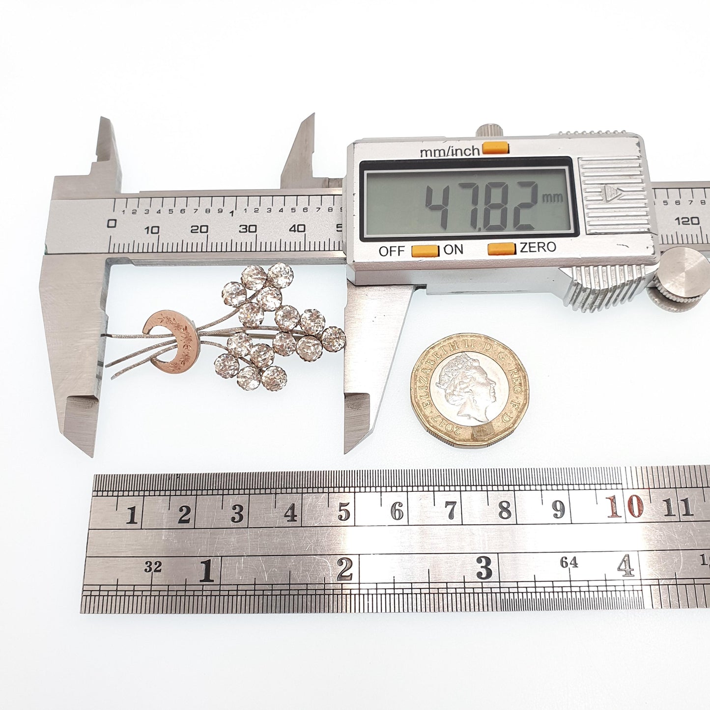 Antique Victorian Solid Silver Diamond Paste Brooch Crescent Moon Rose Gold Highlight Floral Spray Sparkly Vintage Jewelry Jewellery