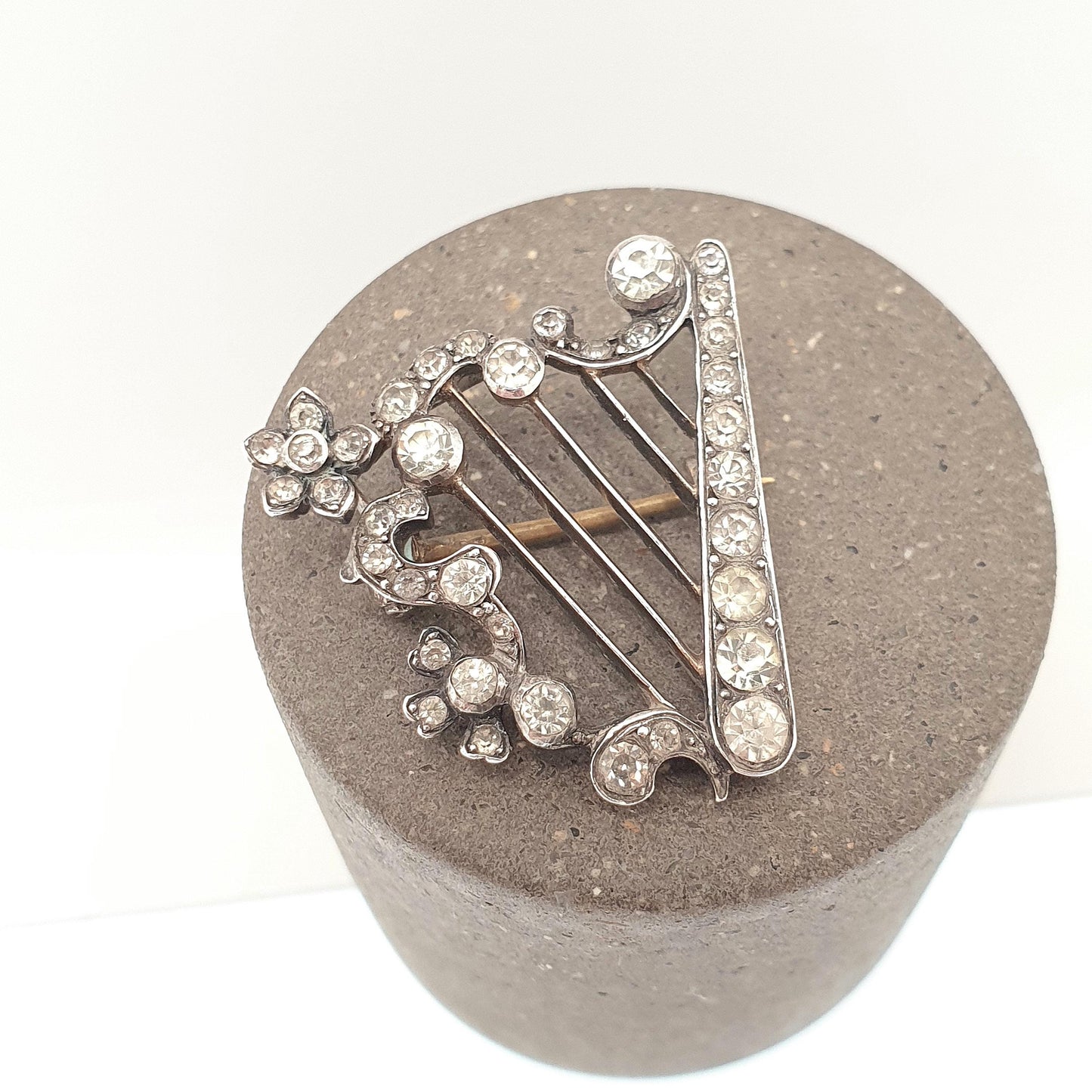 Antique Sterling Silver Harp Brooch Diamond Paste PARISIAN DIAMOND COMPANY Victorian Sweetheart Vintage Womens Jewelry Jewellery