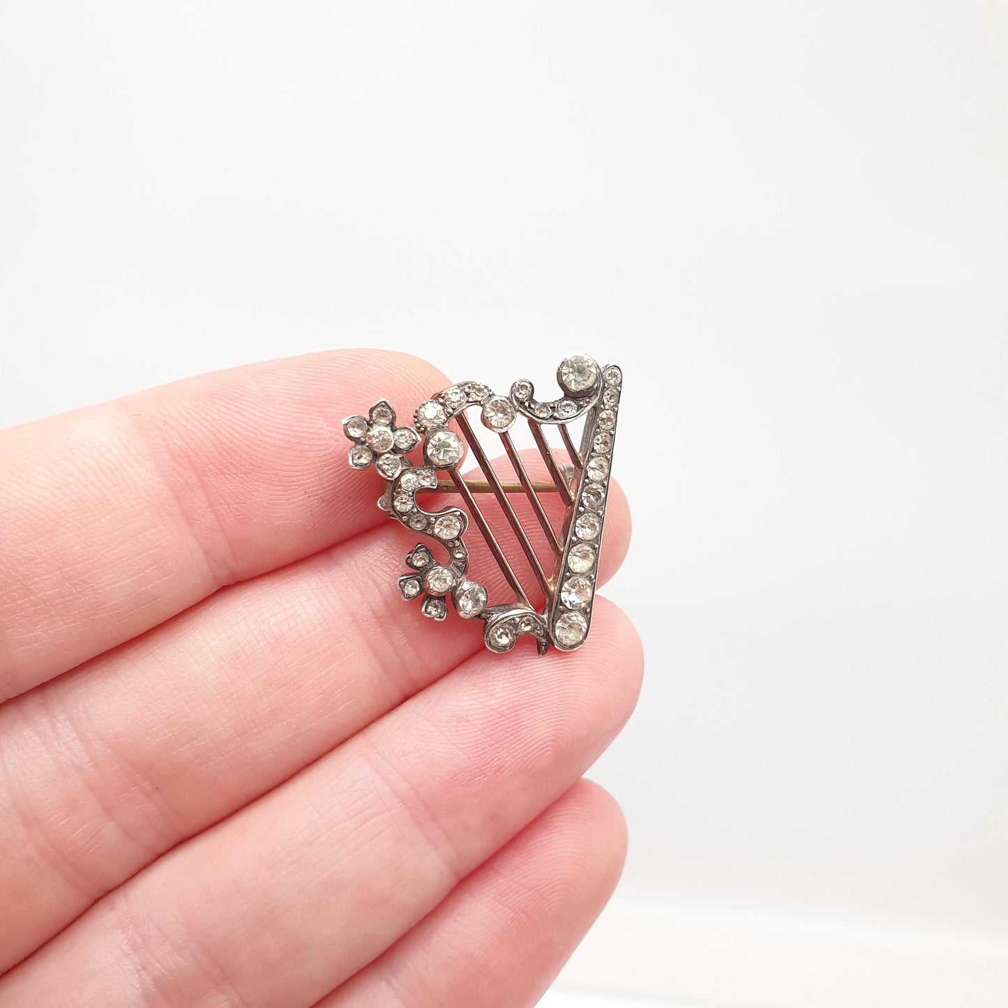 Antique Sterling Silver Harp Brooch Diamond Paste PARISIAN DIAMOND COMPANY Victorian Sweetheart Vintage Womens Jewelry Jewellery