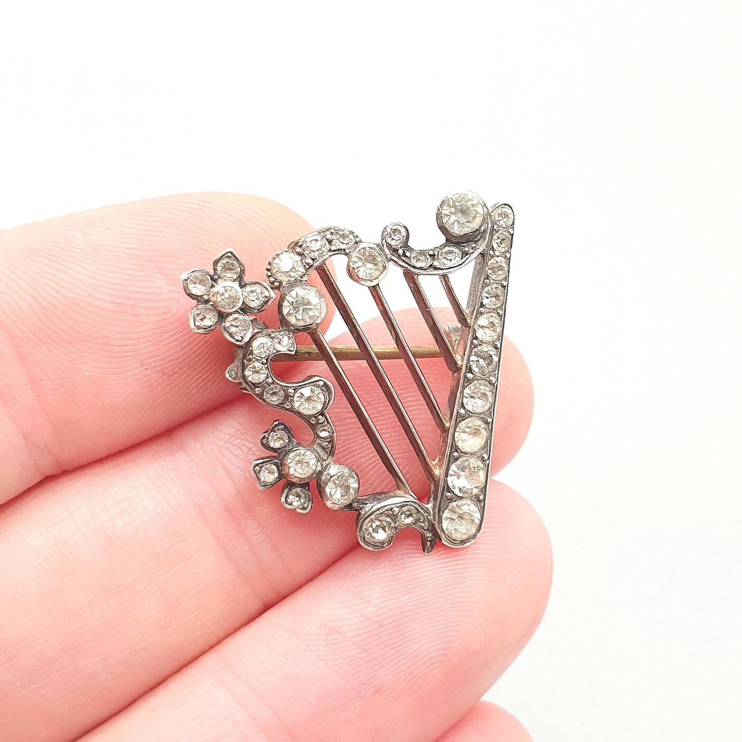 Antique Sterling Silver Harp Brooch Diamond Paste PARISIAN DIAMOND COMPANY Victorian Sweetheart Vintage Womens Jewelry Jewellery