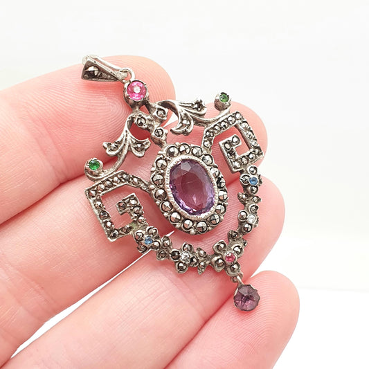 Antique Solid Silver Amethyst Pendant Marcasite Art Nouveau Paste Drop Ornate Sparkly Vintage Womens Jewellery Jewelry