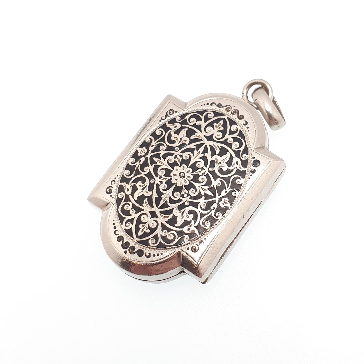 Antique Black Enamel French Locket Art Nouveau Silver Tone Pendant Necklace Floral Flower Womens Vintage European Jewelry Jewellery