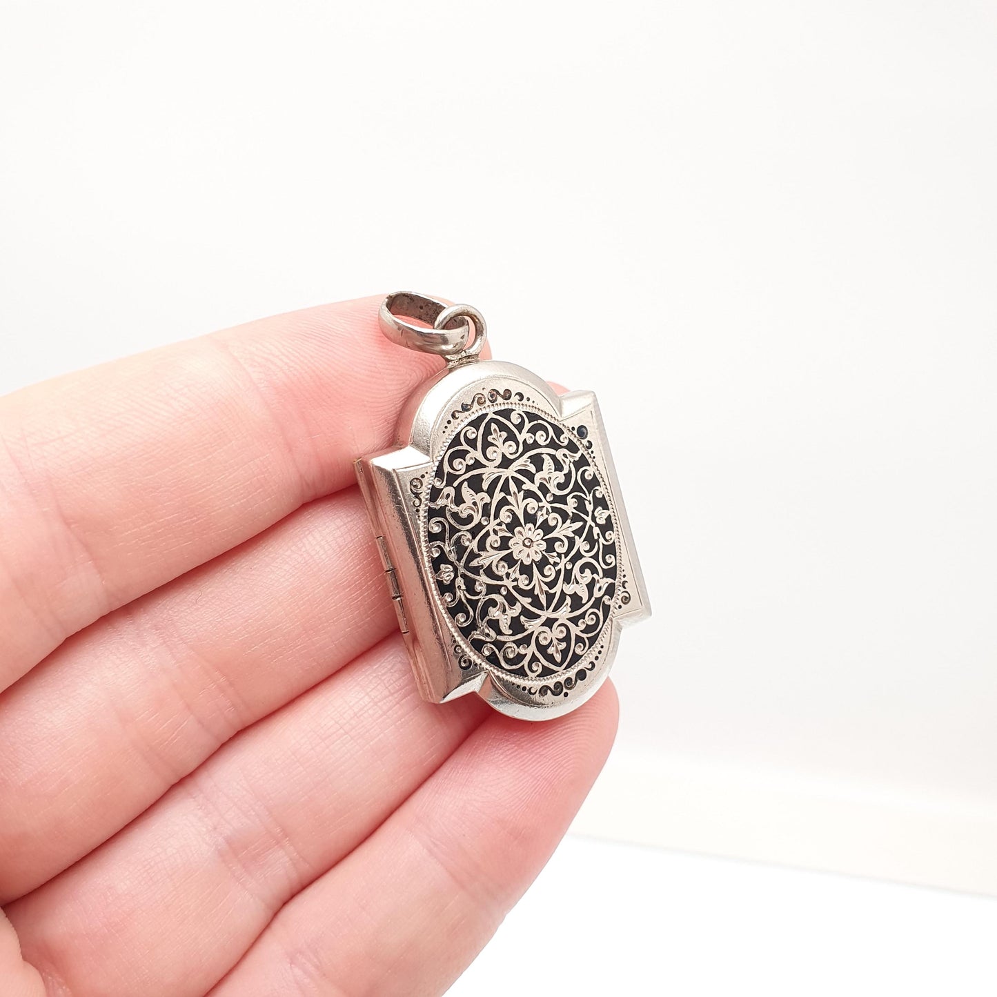 Antique Black Enamel French Locket Art Nouveau Silver Tone Pendant Necklace Floral Flower Womens Vintage European Jewelry Jewellery