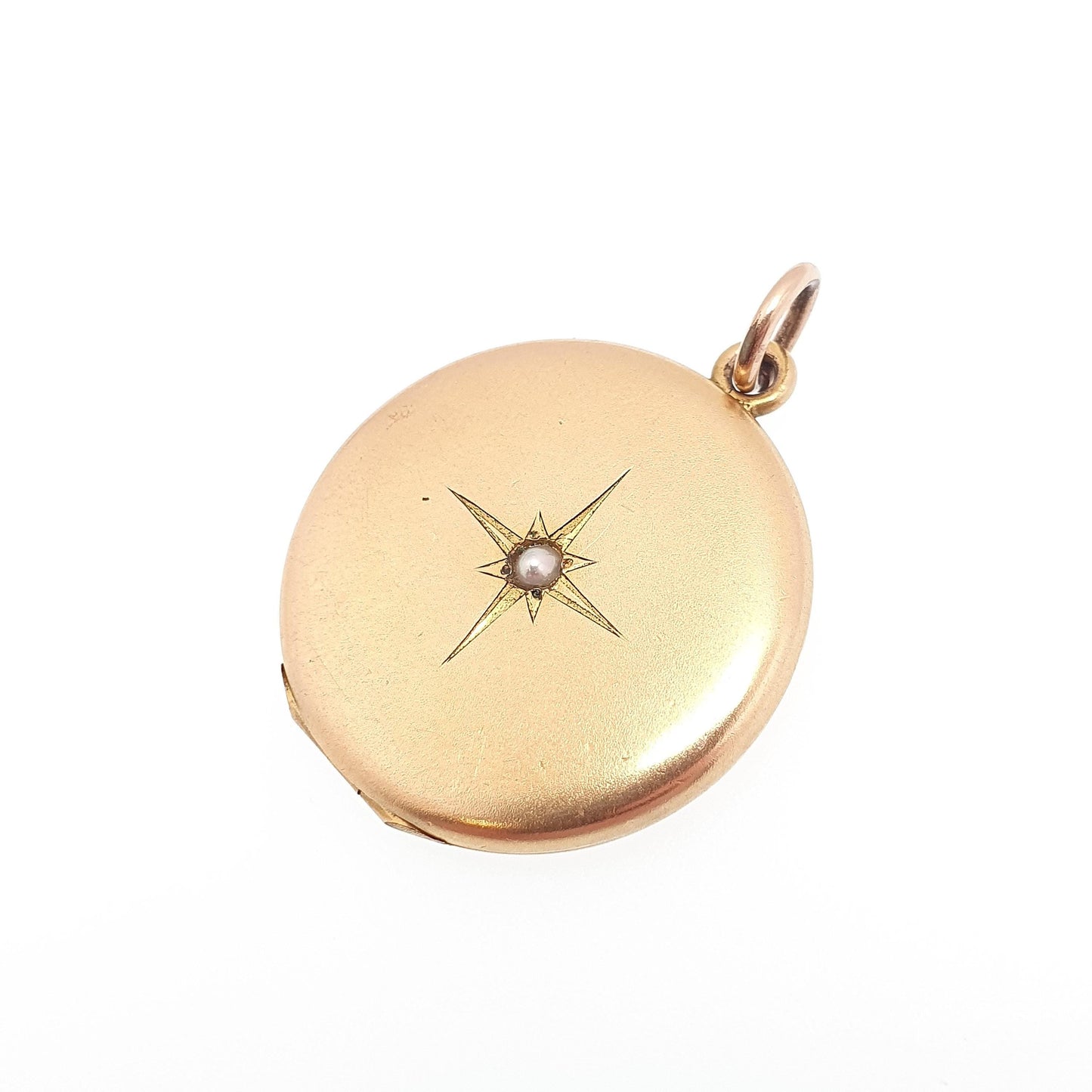 Antique Rolled Gold Locket Seed Pearl Star Set Necklace Pendant Star Yellow Filled Round Circle Vintage Jewellery Jewelry