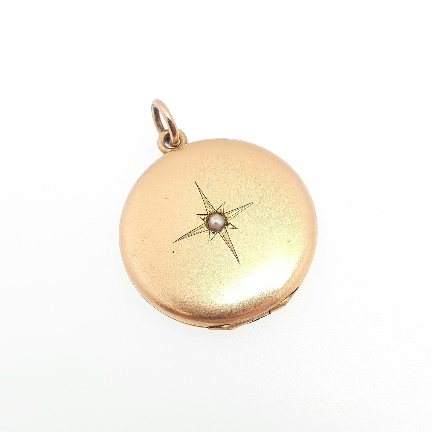 Antique Rolled Gold Locket Seed Pearl Star Set Necklace Pendant Star Yellow Filled Round Circle Vintage Jewellery Jewelry