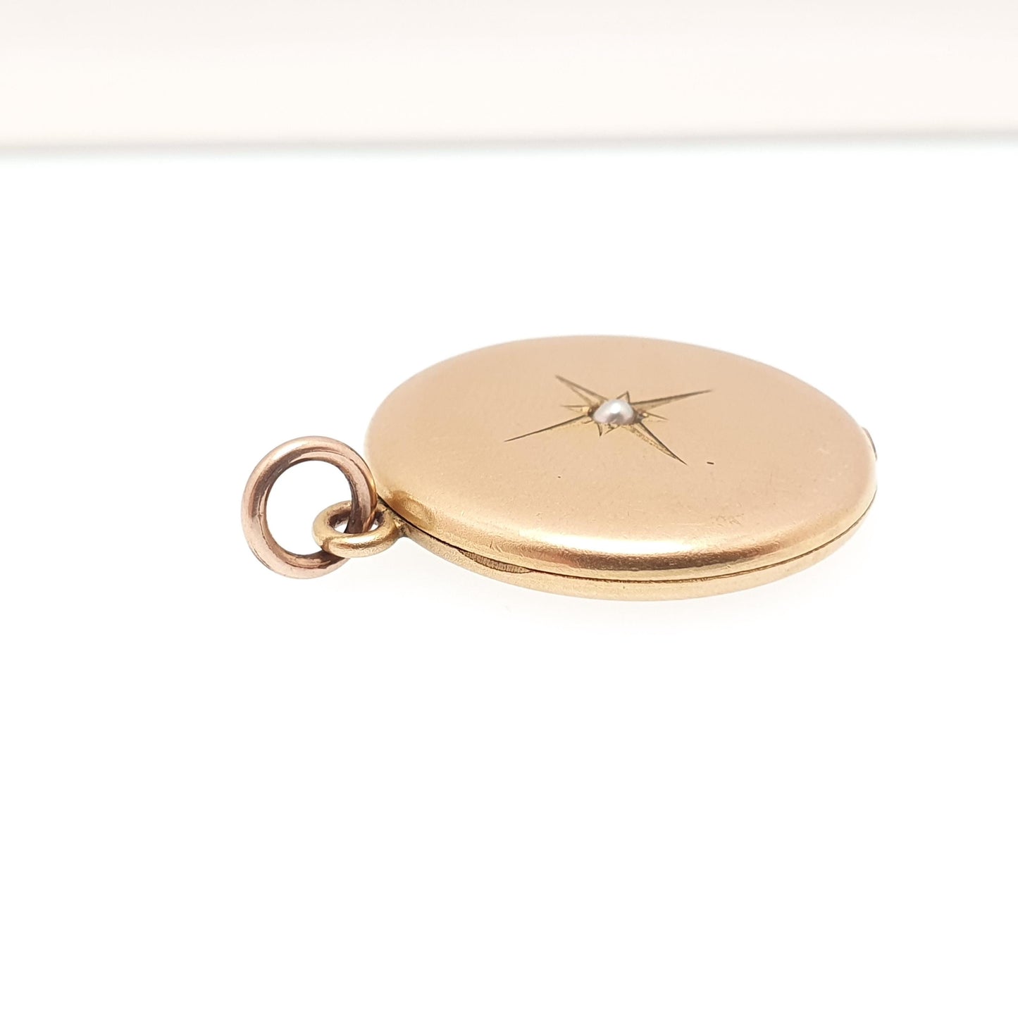 Antique Rolled Gold Locket Seed Pearl Star Set Necklace Pendant Star Yellow Filled Round Circle Vintage Jewellery Jewelry